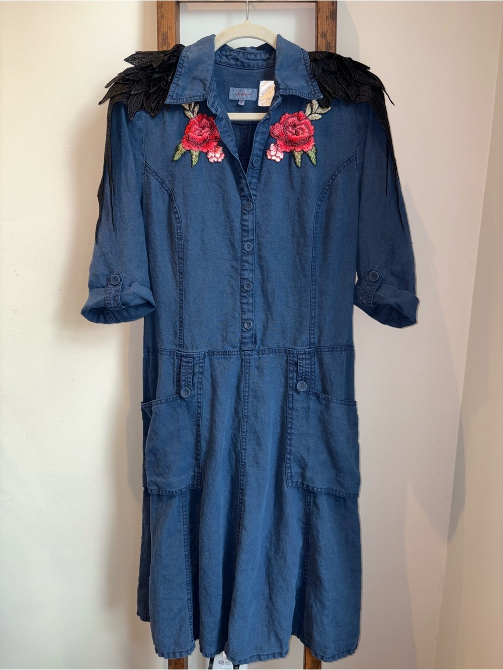 UFOLOGY by Peri & Binka Embellished Blue Linen Dress US 6-8 Art to Wear Whimsy